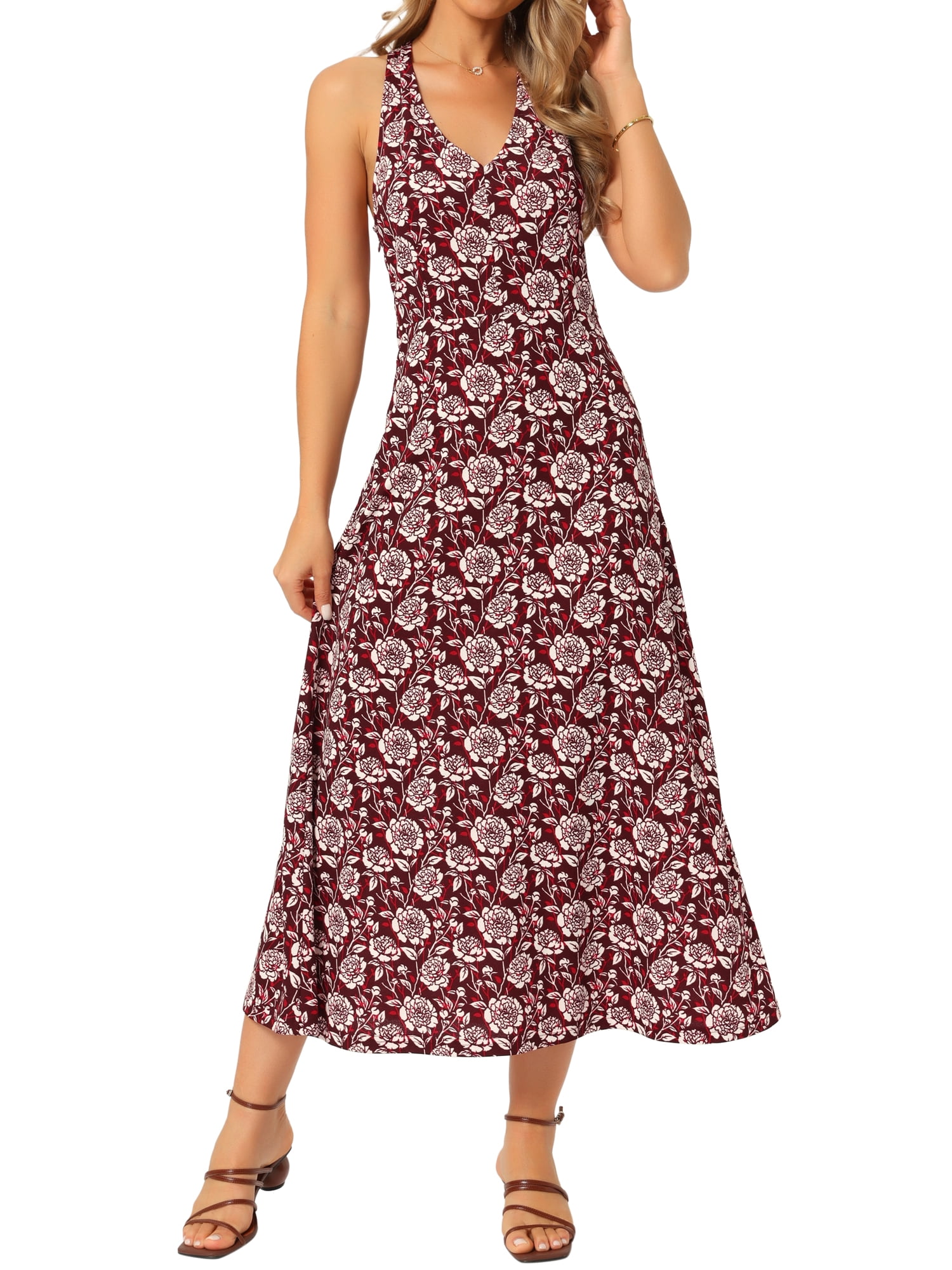 DARING DIVA Women's Halter Sleeveless A-line Maxi Floral Print Casual Sundress XL Red Wine