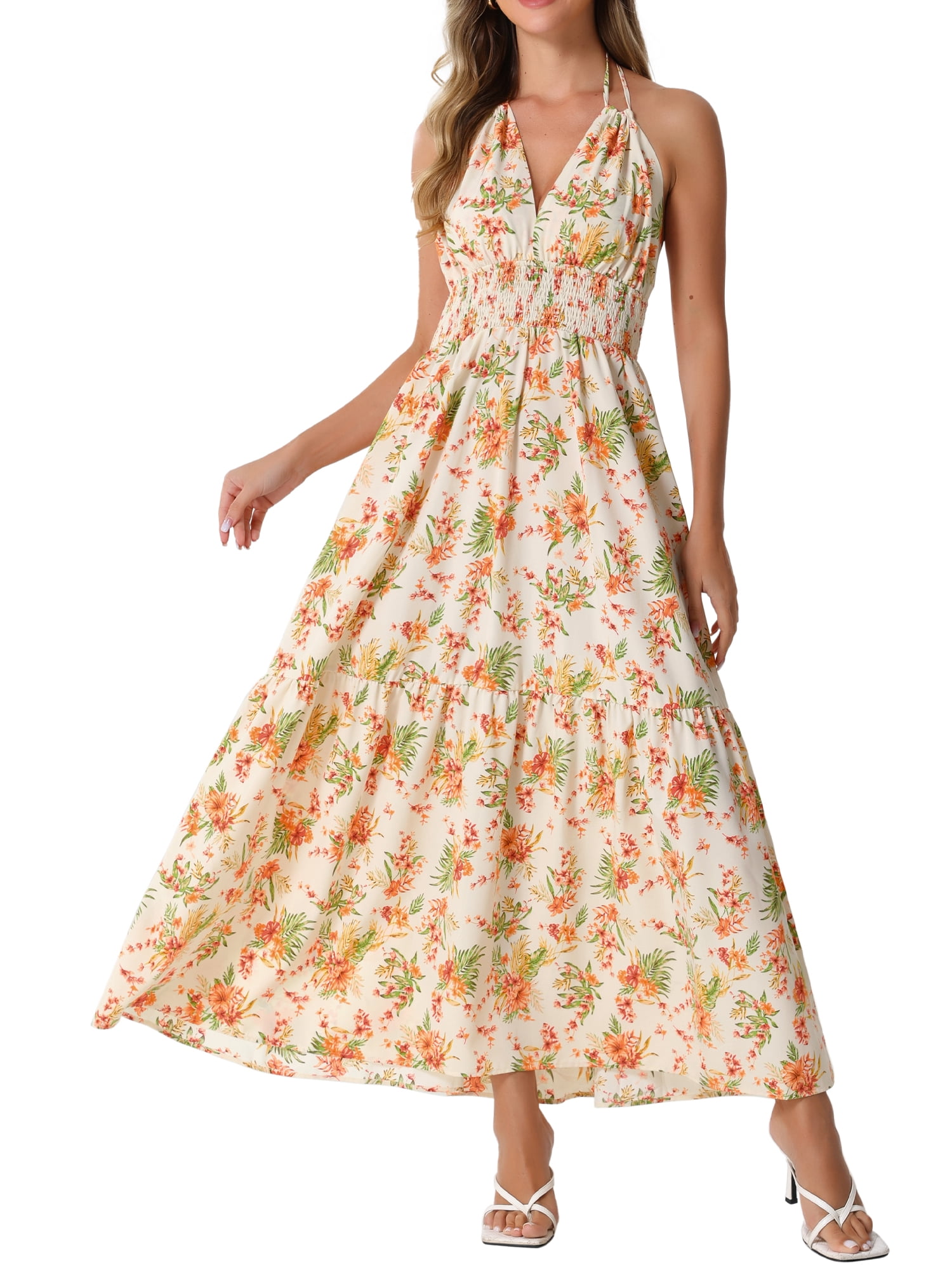 DARING DIVA Women's Halter Sleeveless Boho Floral Maxi Dress XL Apricot