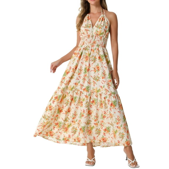 DARING DIVA Women's Halter Sleeveless Boho Floral Maxi Dress XL Apricot
