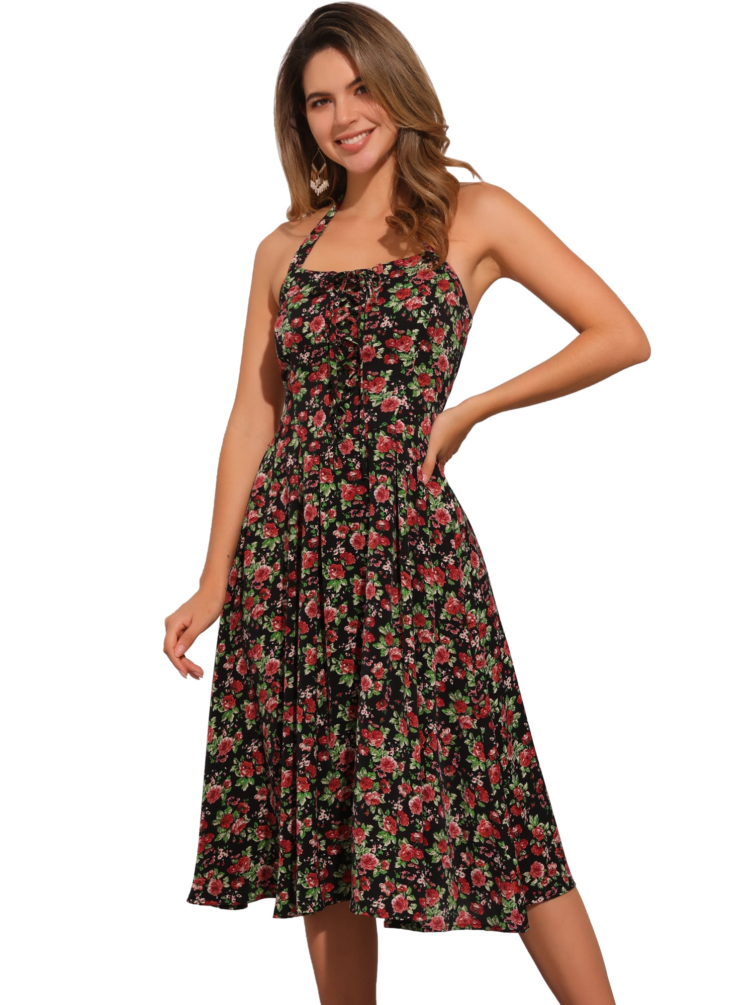 DARING DIVA Women's Halter Sleeveless Lace Up Floral Midi Dresses L Black Rose