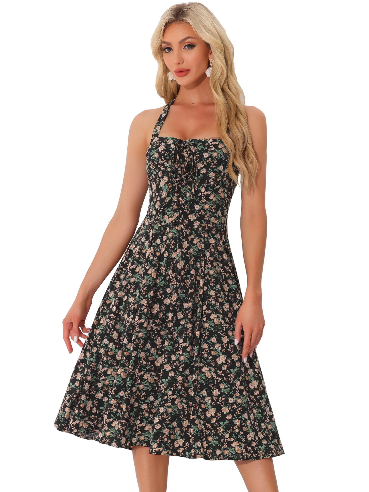DARING DIVA Women's Halter Sleeveless Lace Up Floral Midi Dresses L Black