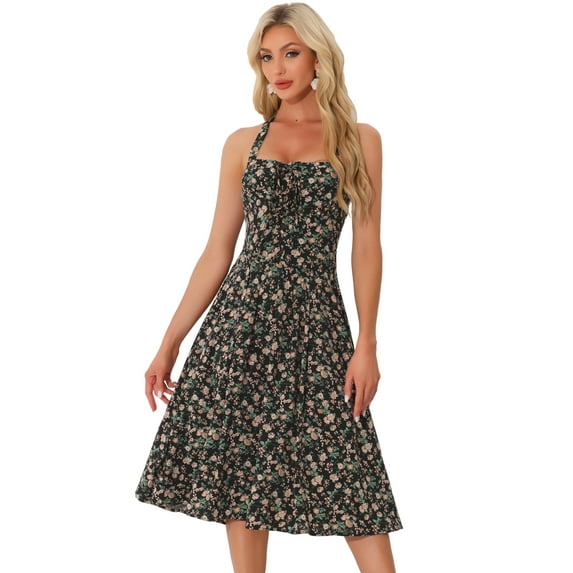 DARING DIVA Women's Halter Sleeveless Lace Up Floral Midi Dresses L Black