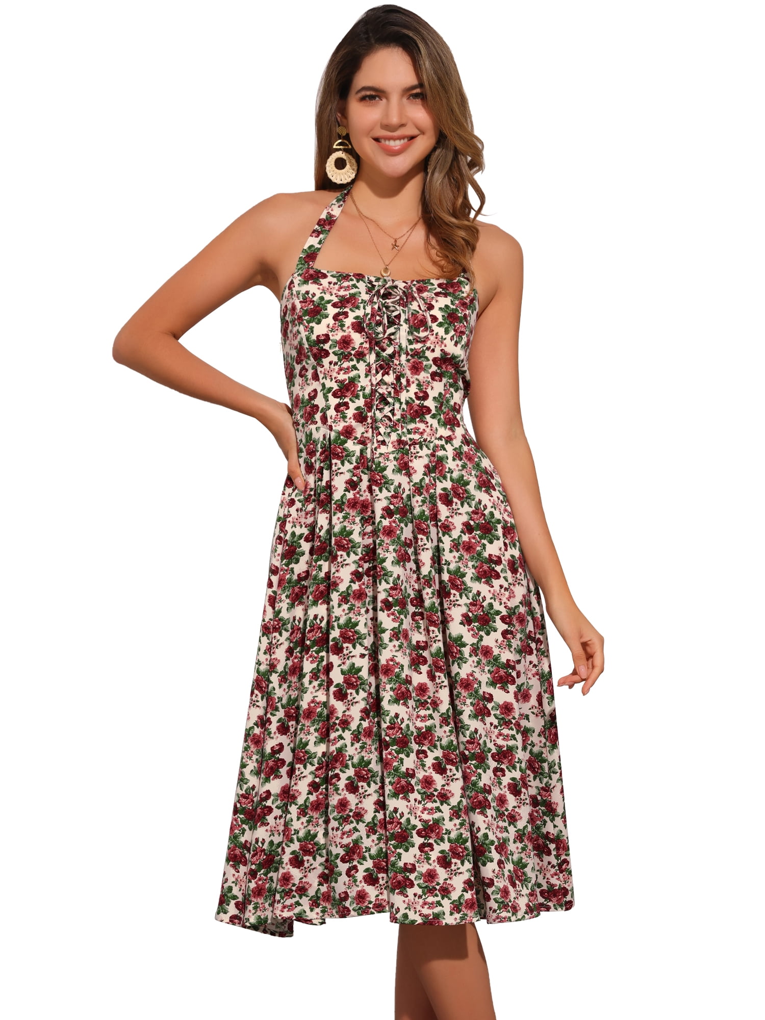 DARING DIVA Women's Halter Sleeveless Lace Up Floral Midi Dresses M Beige Rose