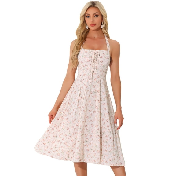 DARING DIVA Women's Halter Sleeveless Lace Up Floral Midi Dresses XL Pink