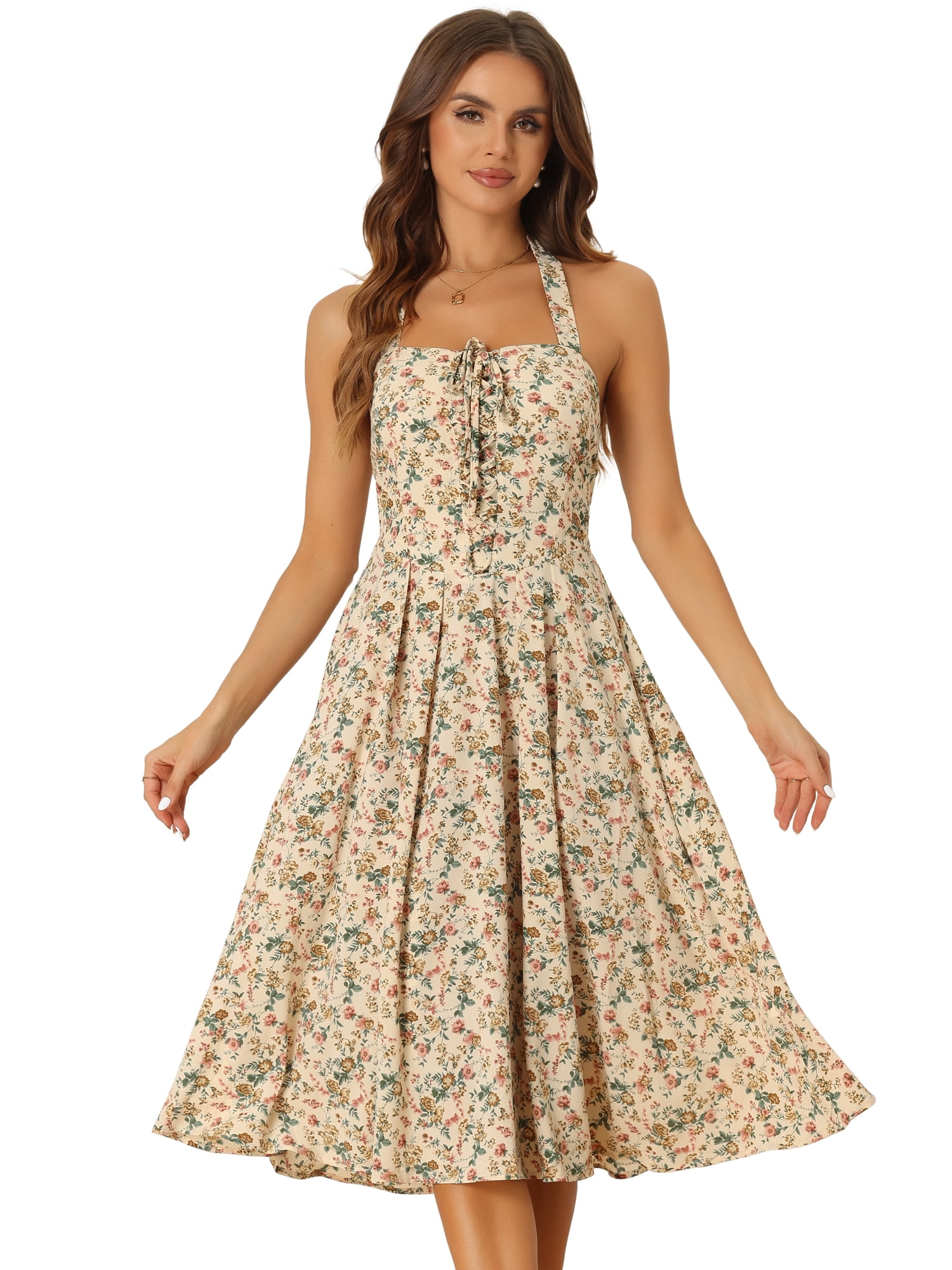 DARING DIVA Women's Halter Sleeveless Lace Up Floral Midi Dresses XS Beige