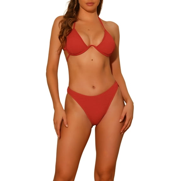 DARING DIVA Women's Halter Underwire Ribbed Bikini Sets 2 Pieces L Red