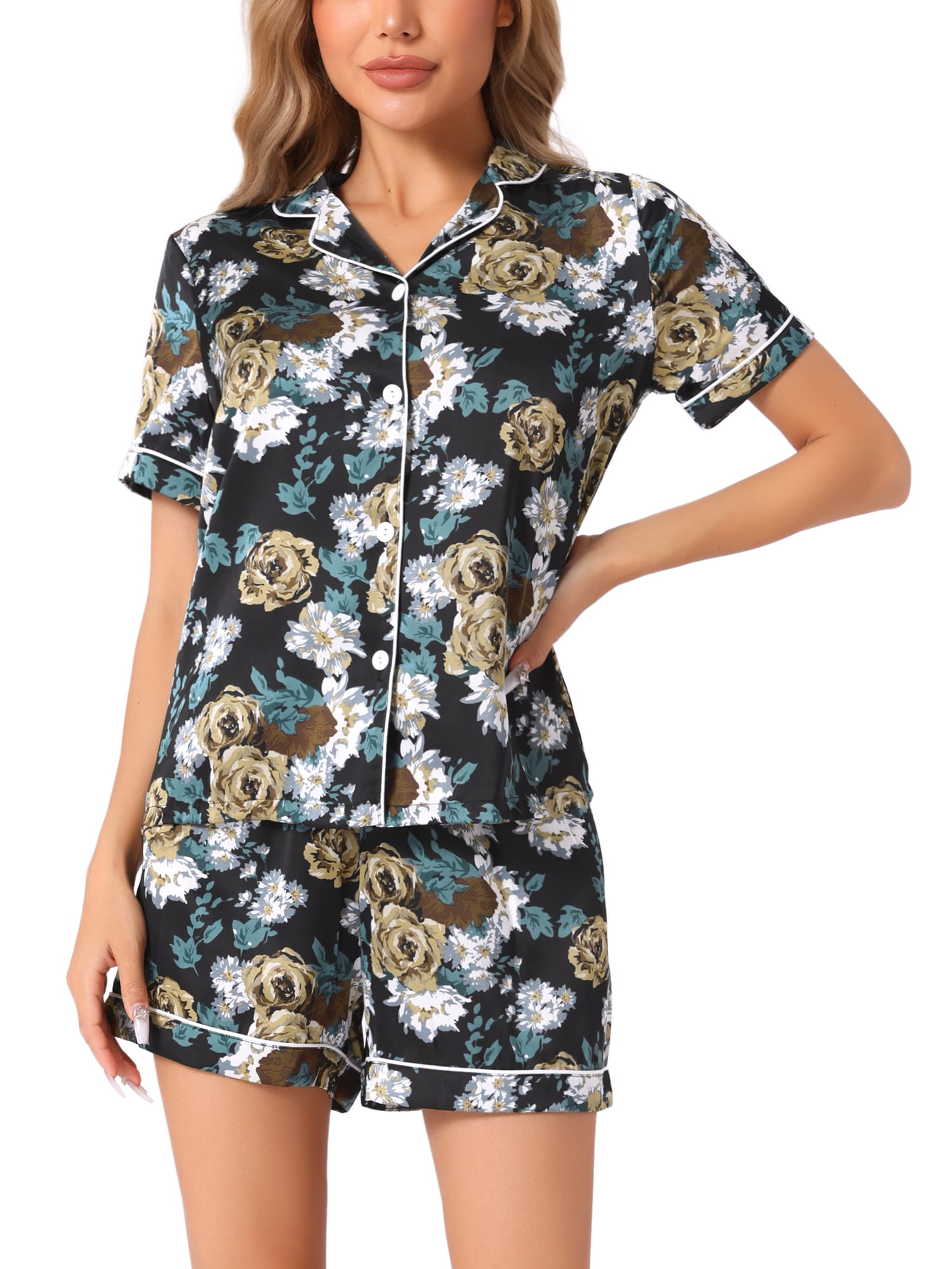 DARING DIVA Women's Hawaiian Shirt with Shorts Pajamas Set L Black Flowers