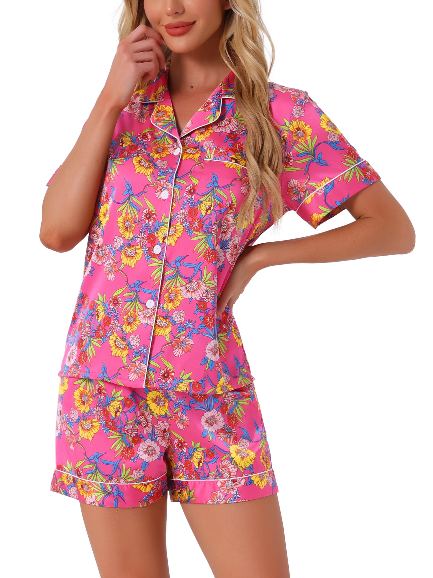 DARING DIVA Women's Hawaiian Shirt with Shorts Pajamas Set XL Rose Red