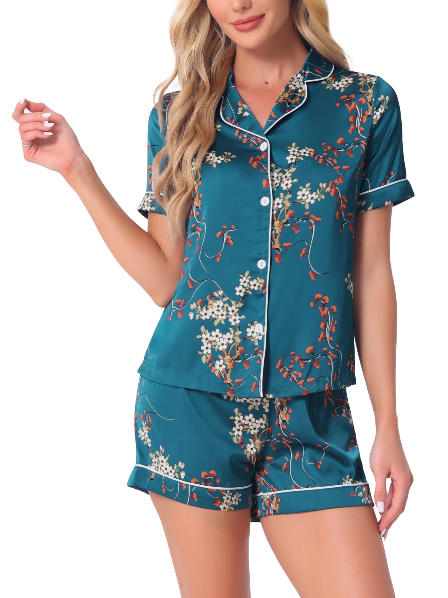 DARING DIVA Women's Hawaiian Shirt with Shorts Pajamas Set XS Bright Blue
