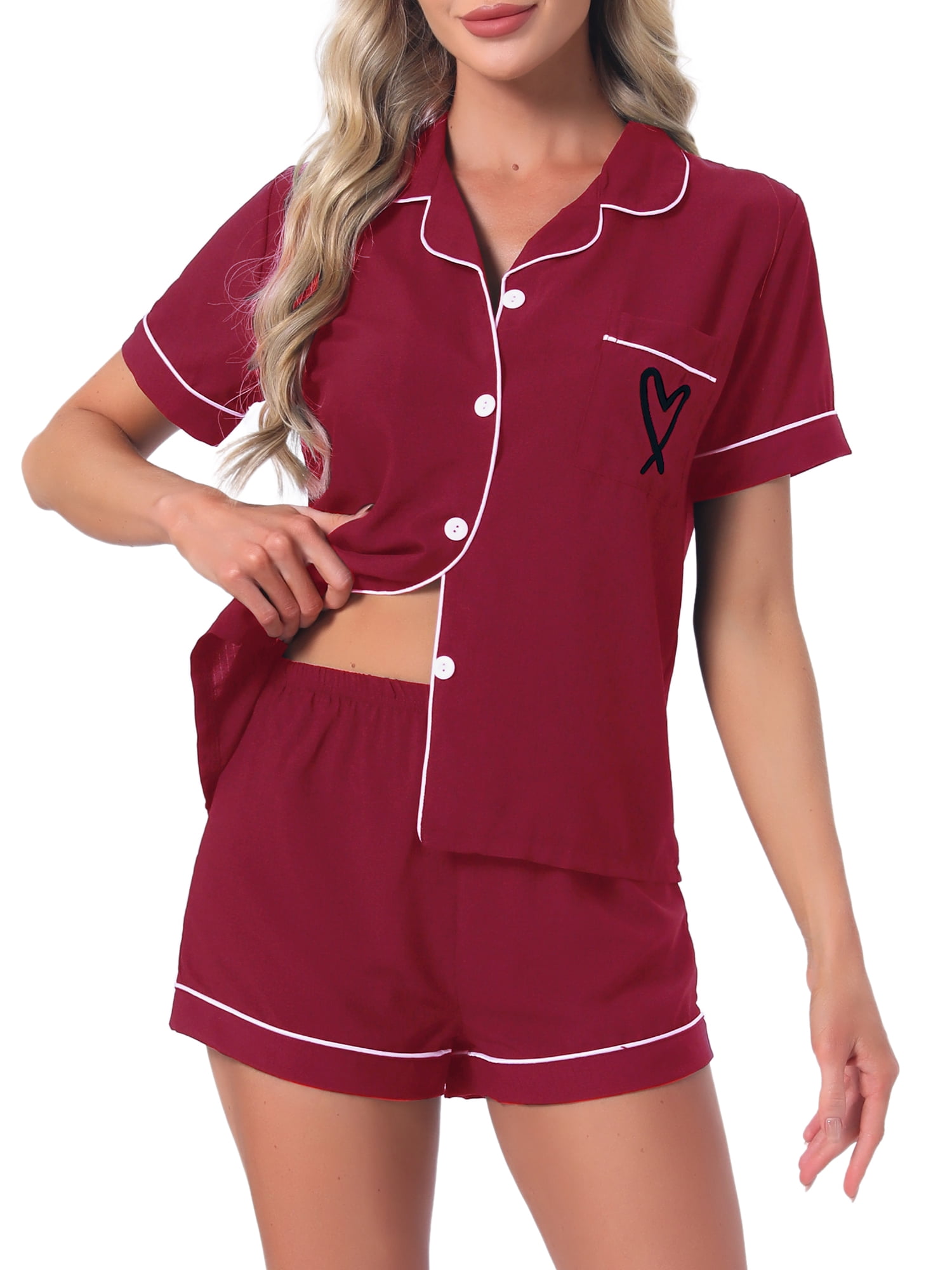 DARING DIVA Women's Pajama Set Heart Print Short Sleeve Button Down Shirt M Red