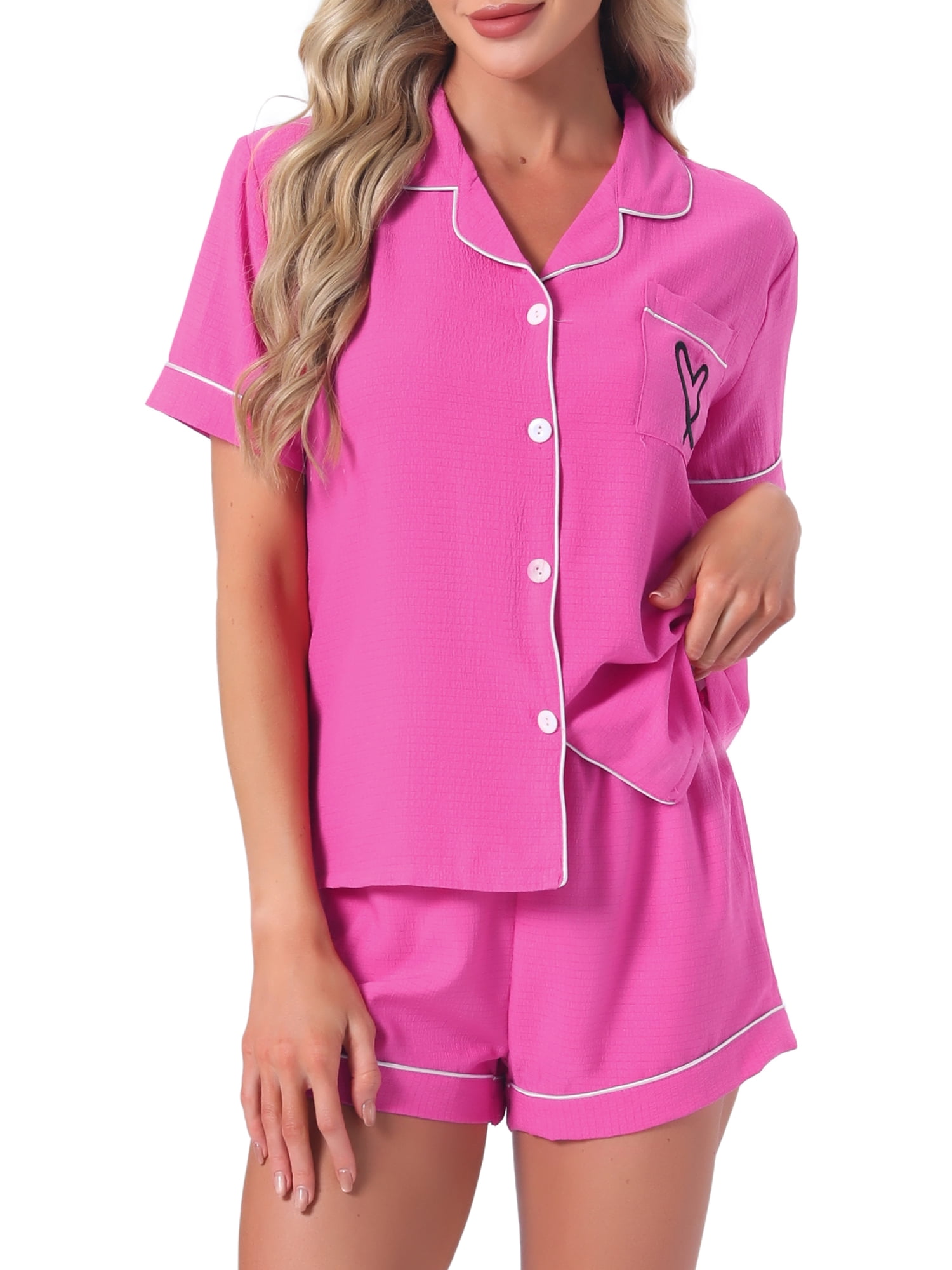 DARING DIVA Women's Pajama Set Heart Print Short Sleeve Button Down Shirt XL Hot Pink