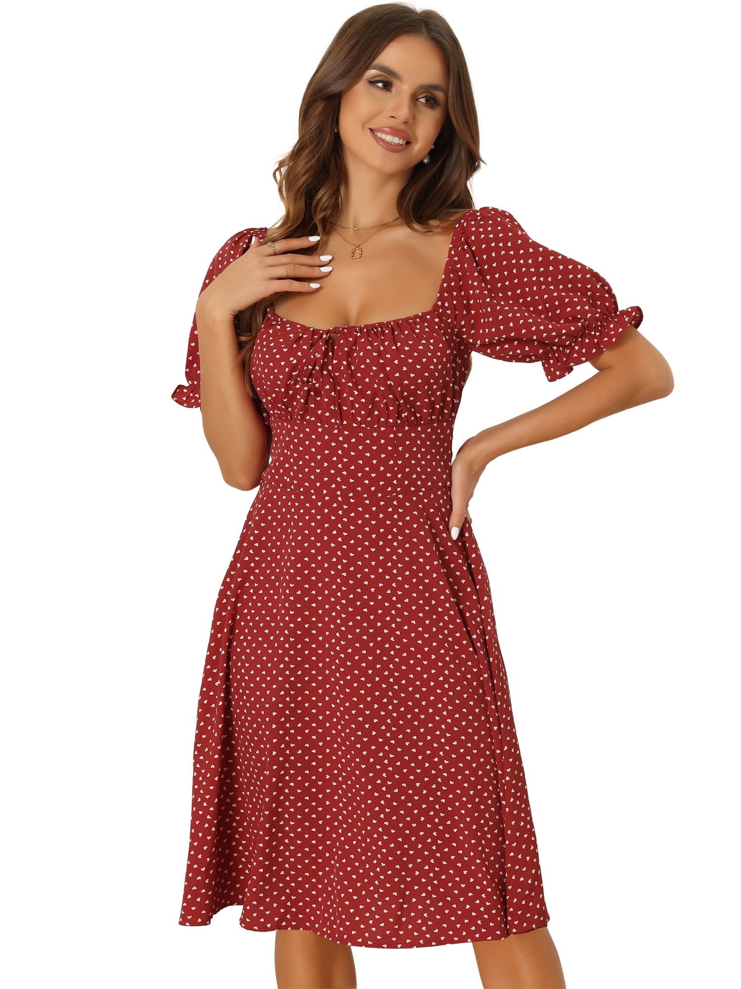 DARING DIVA Women's Heart Print Smocked Puff Sleeve Midi Dress M Red