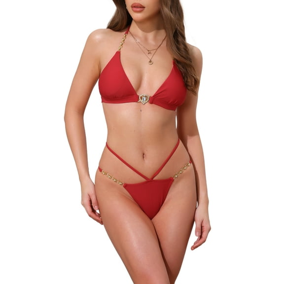 DARING DIVA Women's Heart Rhinestones Chain Linked Bikini Set Medium Red