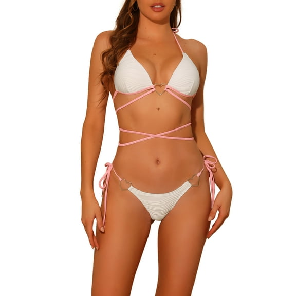 DARING DIVA Women's Heart Ring Halter Bikini Sets, 2-Piece Swimsuits M White