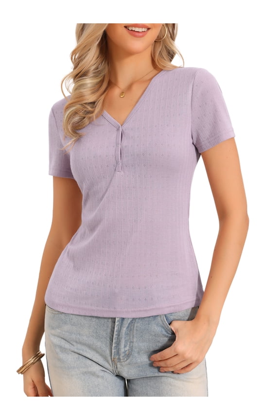 Women's Henley Short Sleeve V Neck Button T Shirts Ribbed Knit XL Dusty Pink