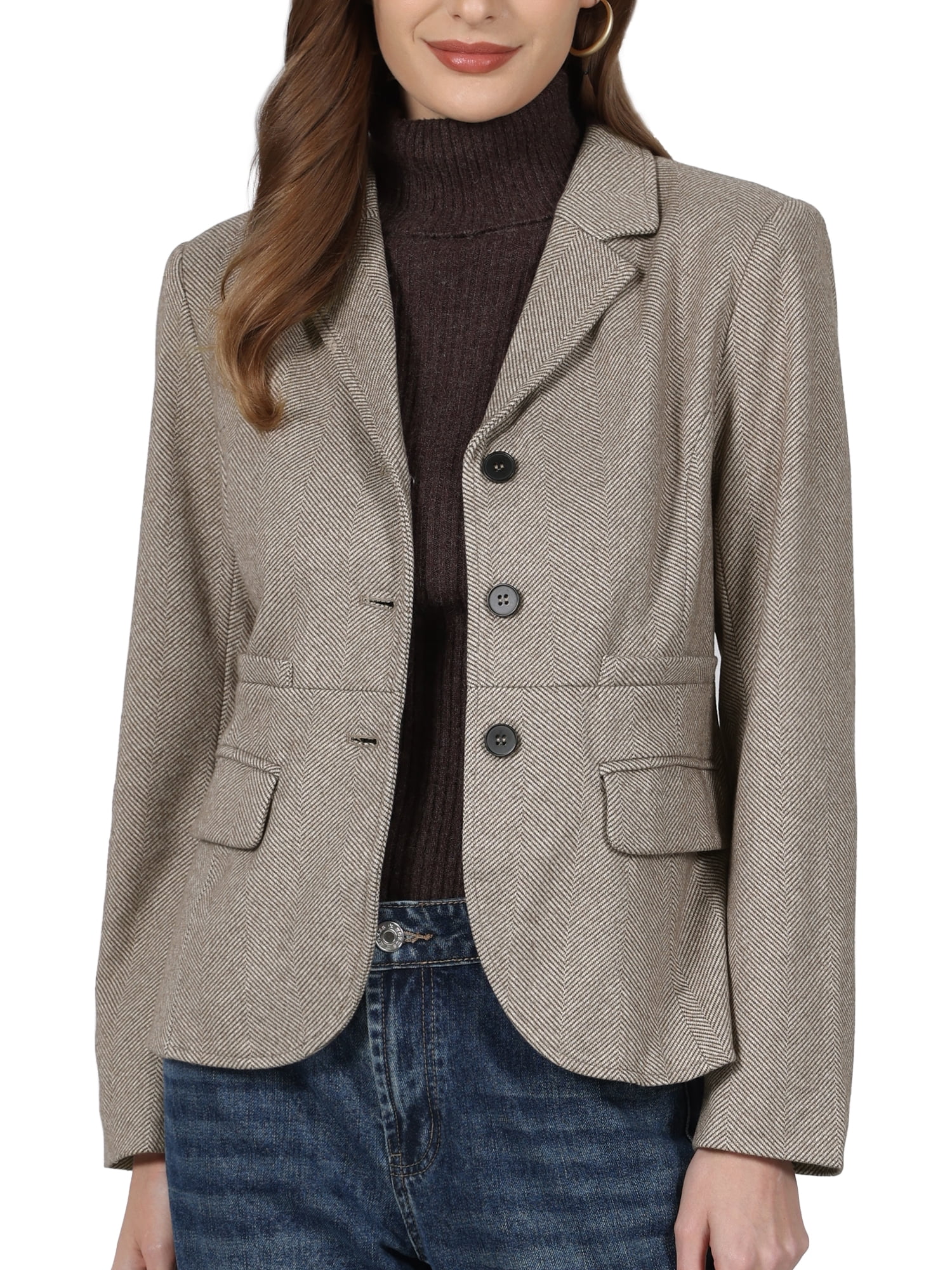 DARING DIVA Women's Herringbone Blazer Lapel Collar Suit Jacket L Khaki