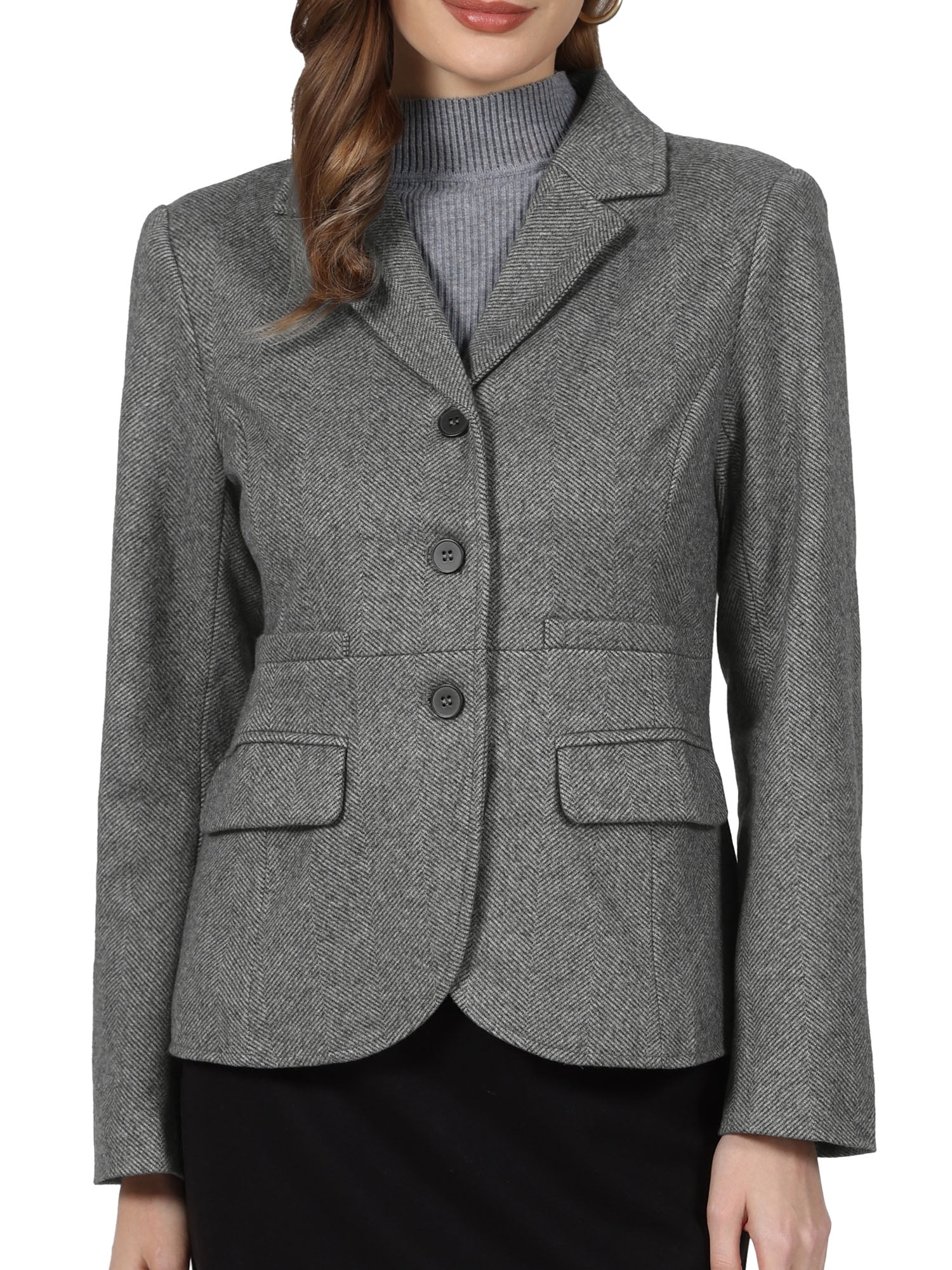 DARING DIVA Women's Herringbone Blazer Lapel Collar Suit Jacket XL Dark Grey
