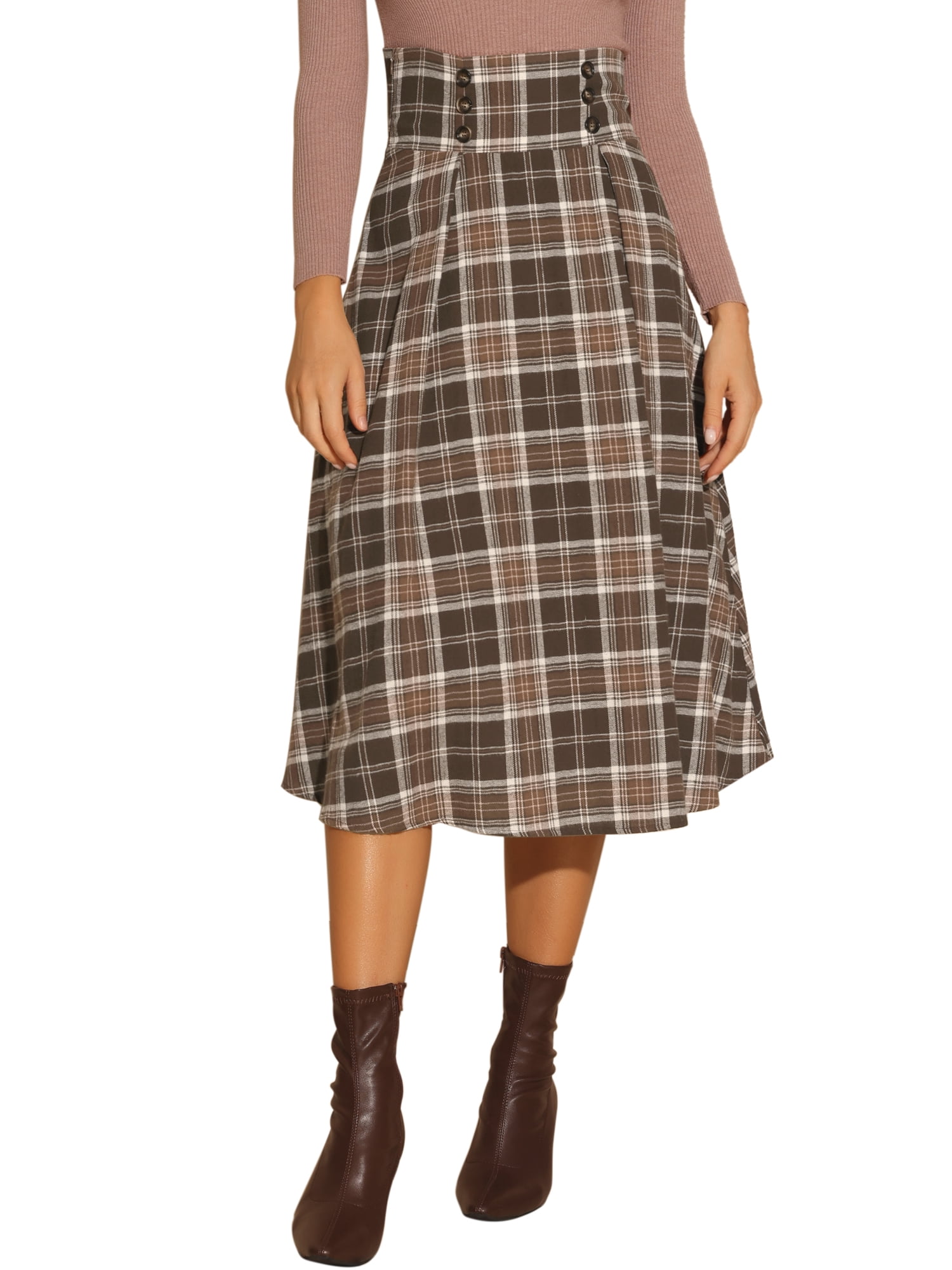 DARING DIVA Women's High Elastic Waist Fall Winter A-Line Midi Skirt L Brown