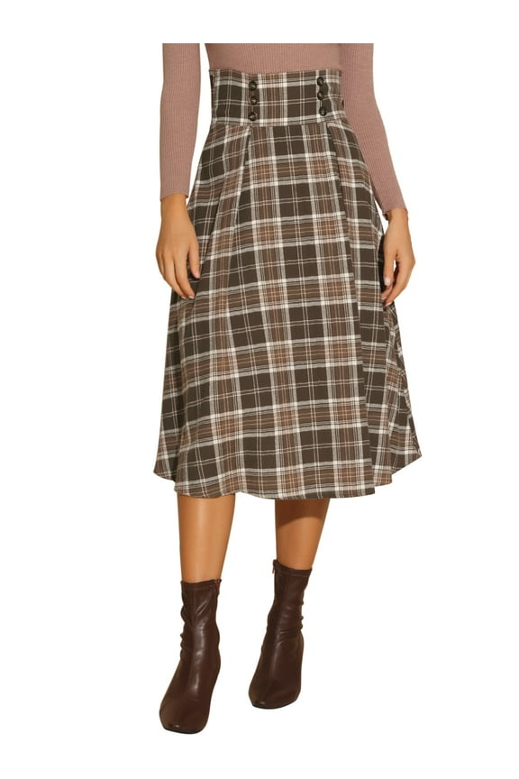 Women's High Elastic Waist Fall Winter A-Line Midi Skirt XS Brown