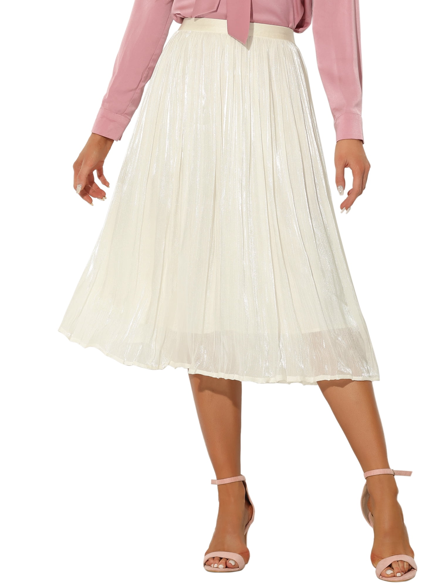 DARING DIVA Women's High Elastic Waist Skirt Swing Pleated Midi Skirts XL White