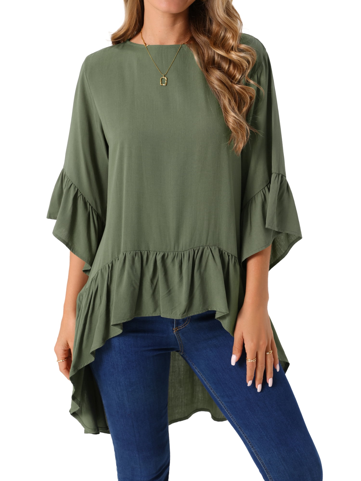 DARING DIVA Women's High Low Tops Bell Sleeve Crewneck Ruffle Blouse 2XL Army Green