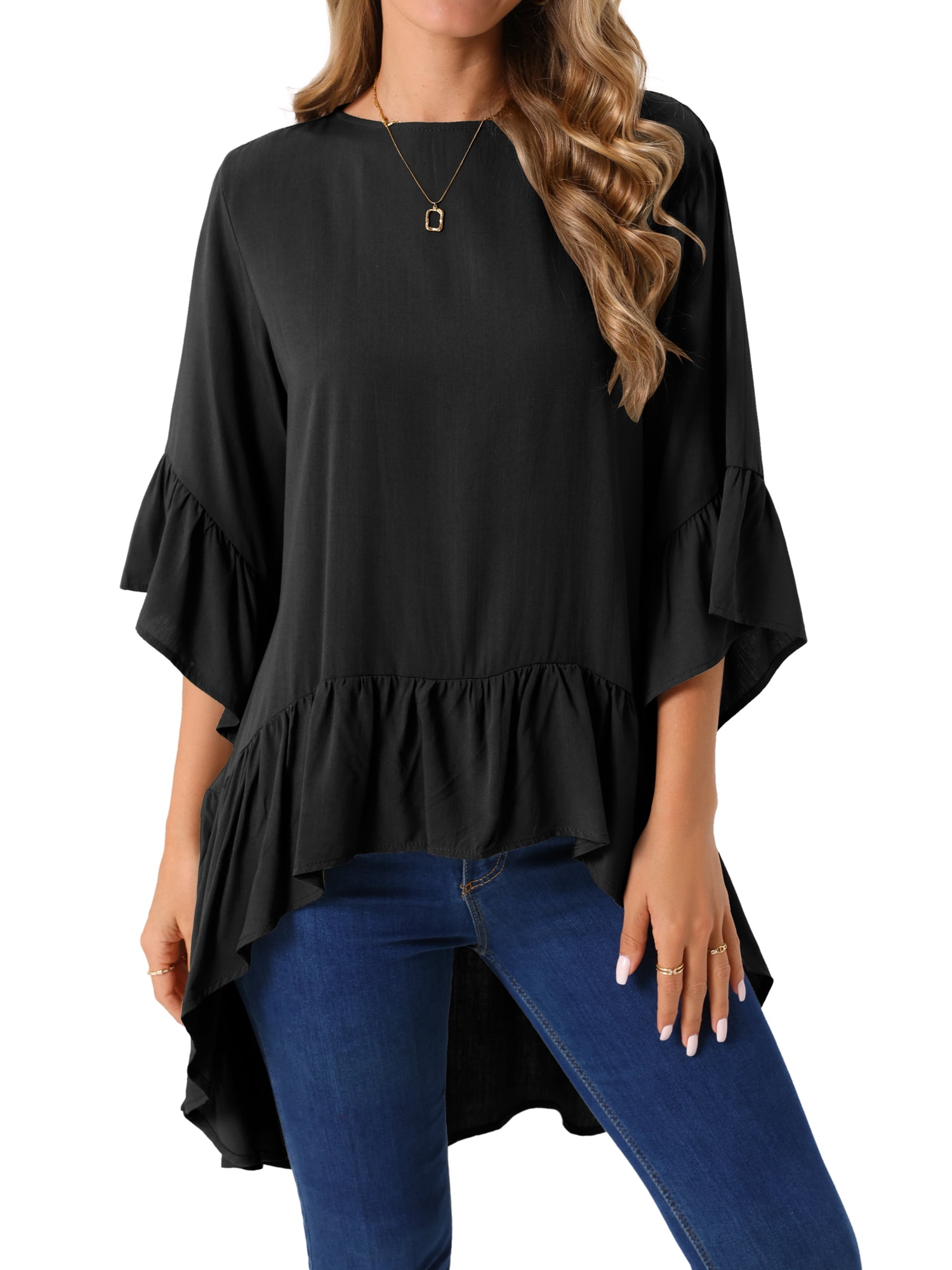 DARING DIVA Women's High Low 3/4 Bell Sleeve Ruffle Hem Blouse S Blacks