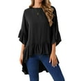thumbnail image 1 of DARING DIVA Women's High Low 3/4 Bell Sleeve Ruffle Hem Blouse S Blacks, 1 of 6