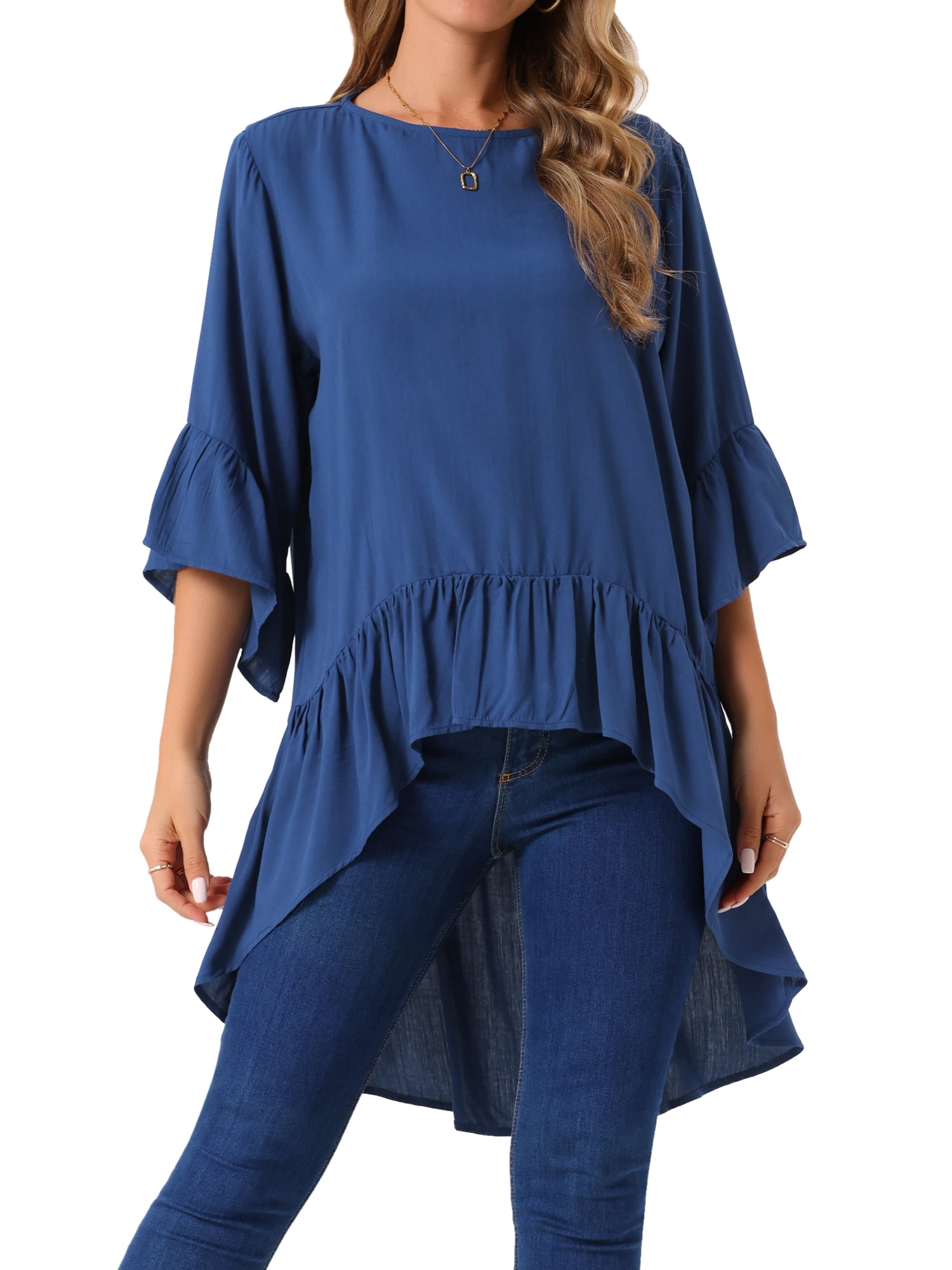 DARING DIVA Women's High Low Tops Bell Sleeve Crewneck Ruffle Blouse XL Dark Blue