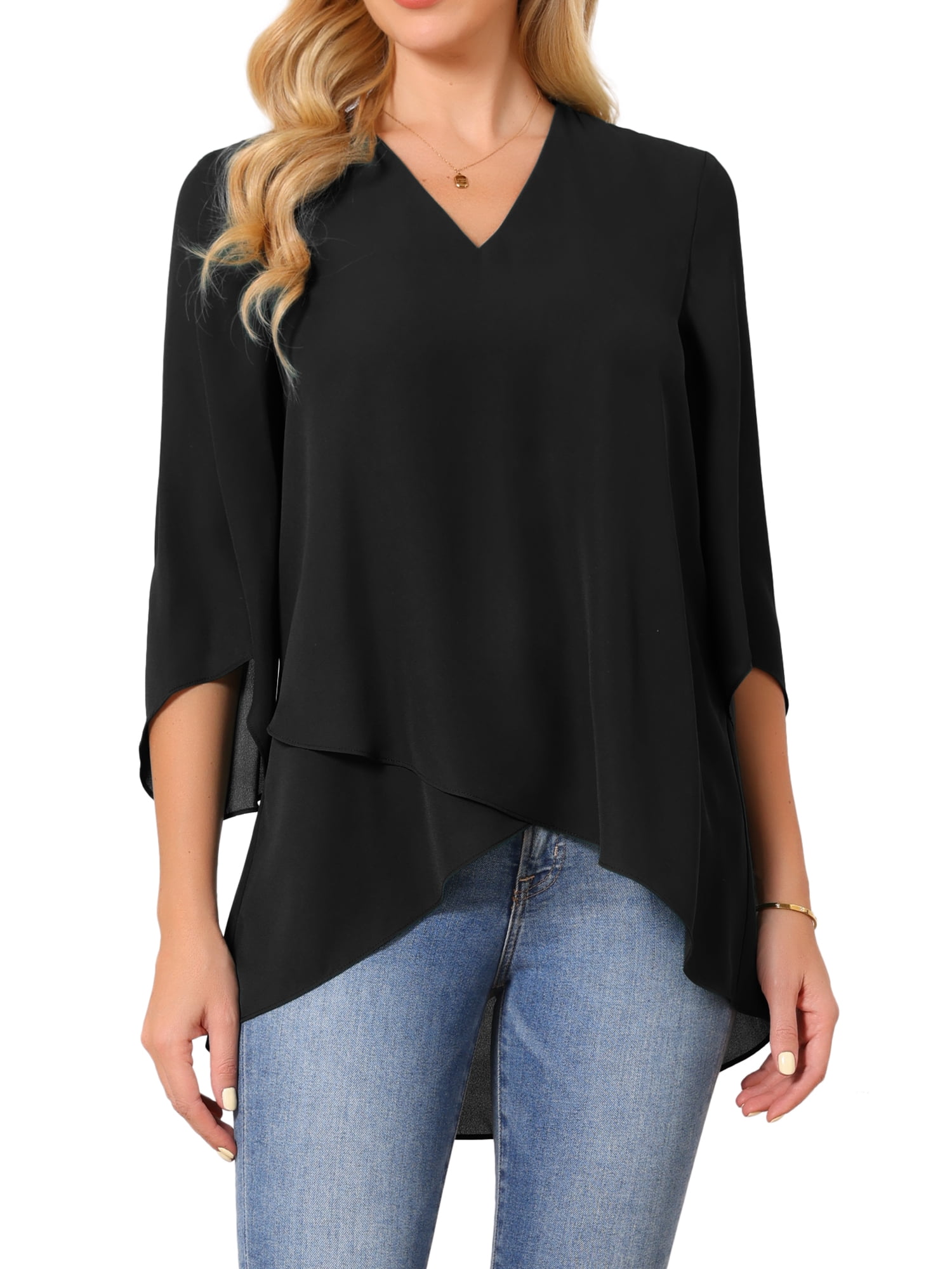 DARING DIVA Women's High Low Tops 3/4 Bell Sleeve V Neck Chiffon Blouse L Black