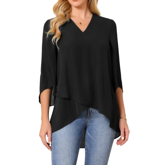 DARING DIVA Women's High Low Tops 3/4 Bell Sleeve V Neck Chiffon Blouse L Black