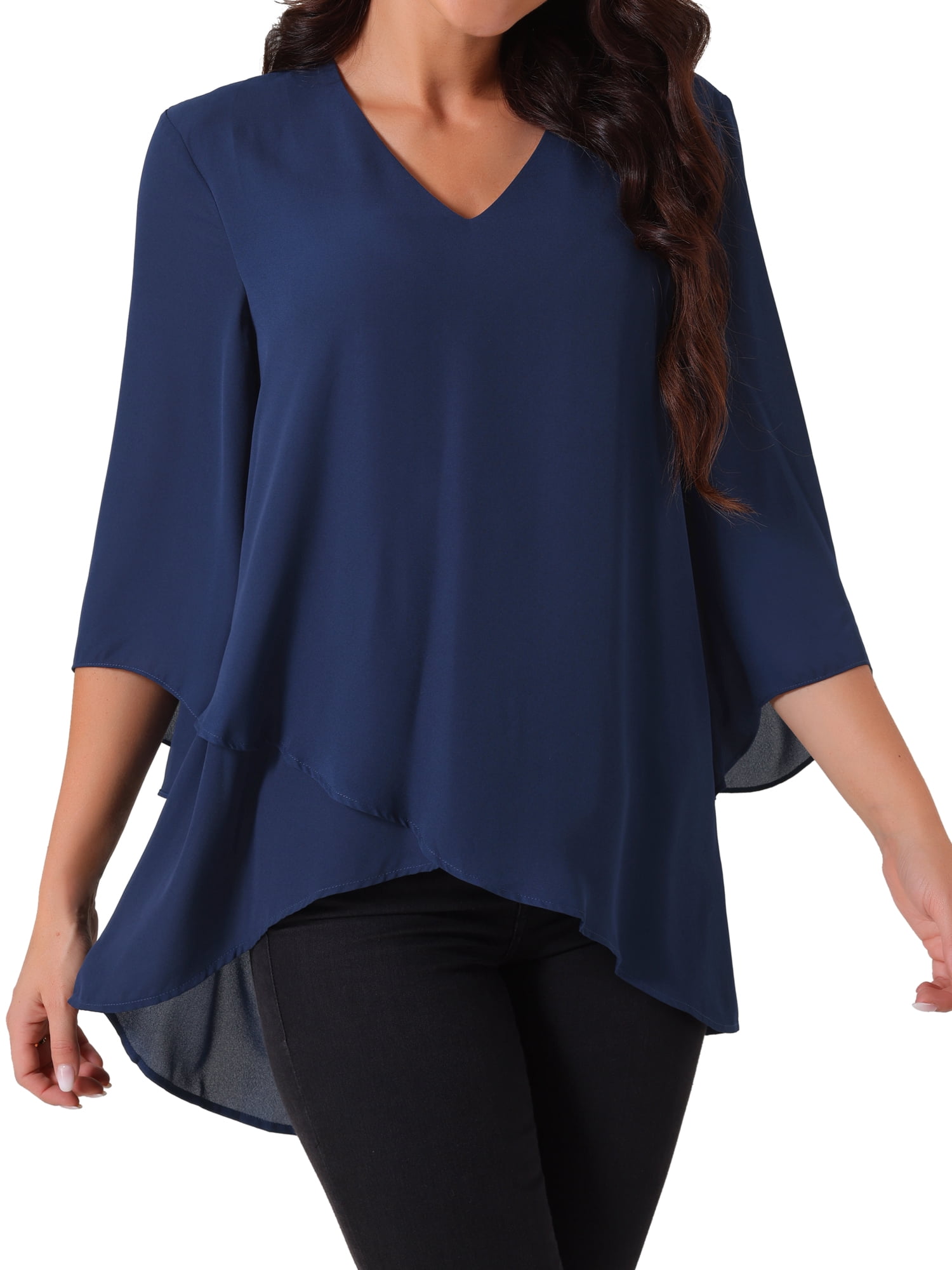 DARING DIVA Women's High Low Tops 3/4 Bell Sleeve V Neck Chiffon Blouse L Navy Blue