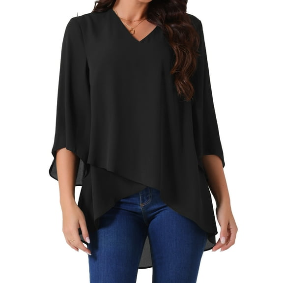 DARING DIVA Women's High Low 3/4 Bell Sleeve V Neck Chiffon Blouse S Black