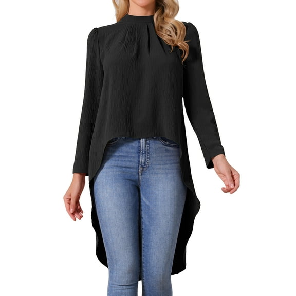 DARING DIVA Women's High Low Asymmetrical Hem Dressy Casual Blouse Black L
