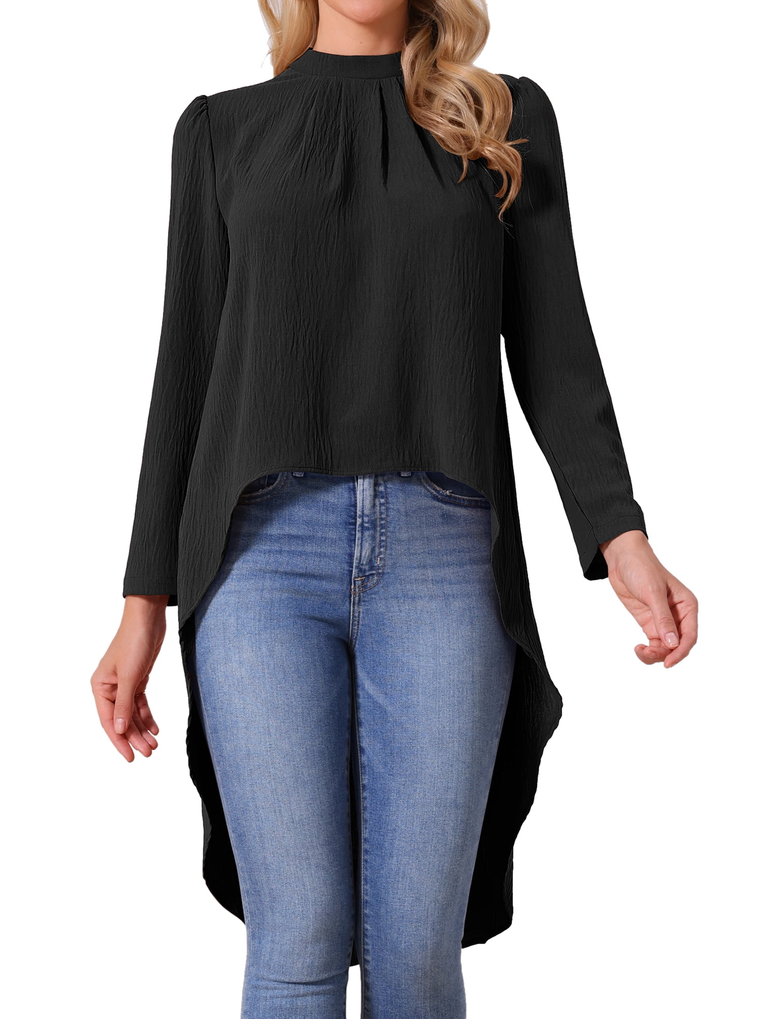 DARING DIVA Women's High Low Long Sleeve Asymmetrical Hem Casual Blouse M Black
