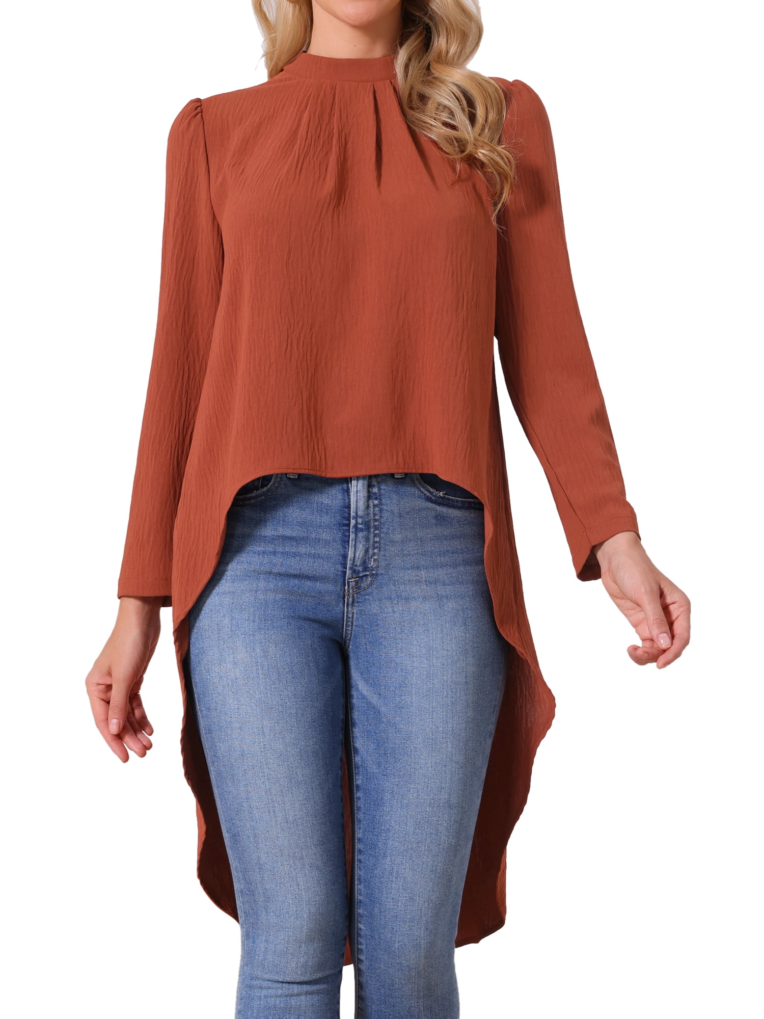 DARING DIVA Women's High Low Long Sleeve Asymmetrical Hem Casual Blouse L Brick Red