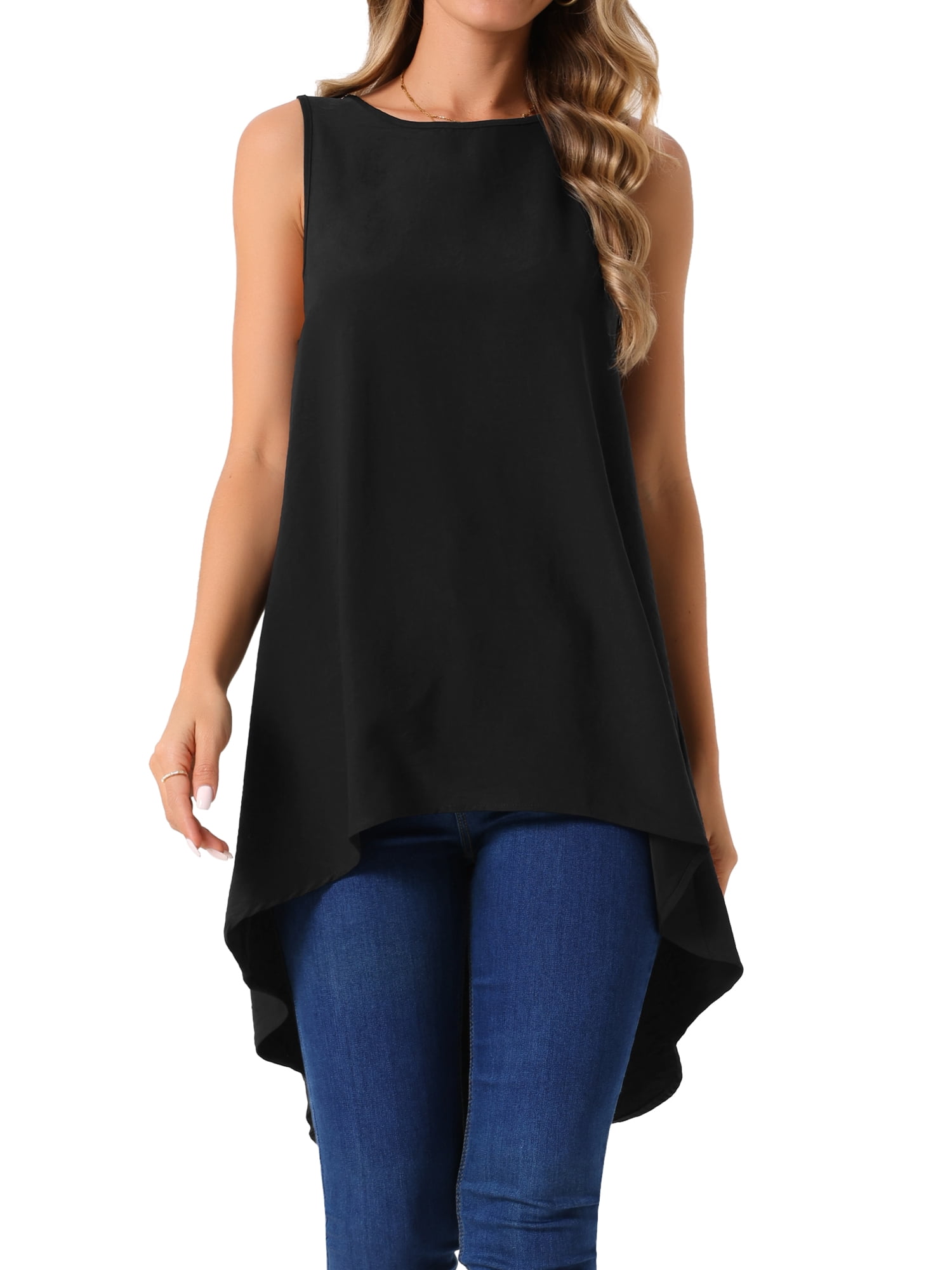 DARING DIVA Women's High Low Sleeveless Crewneck Asymmetrical Blouse L Black