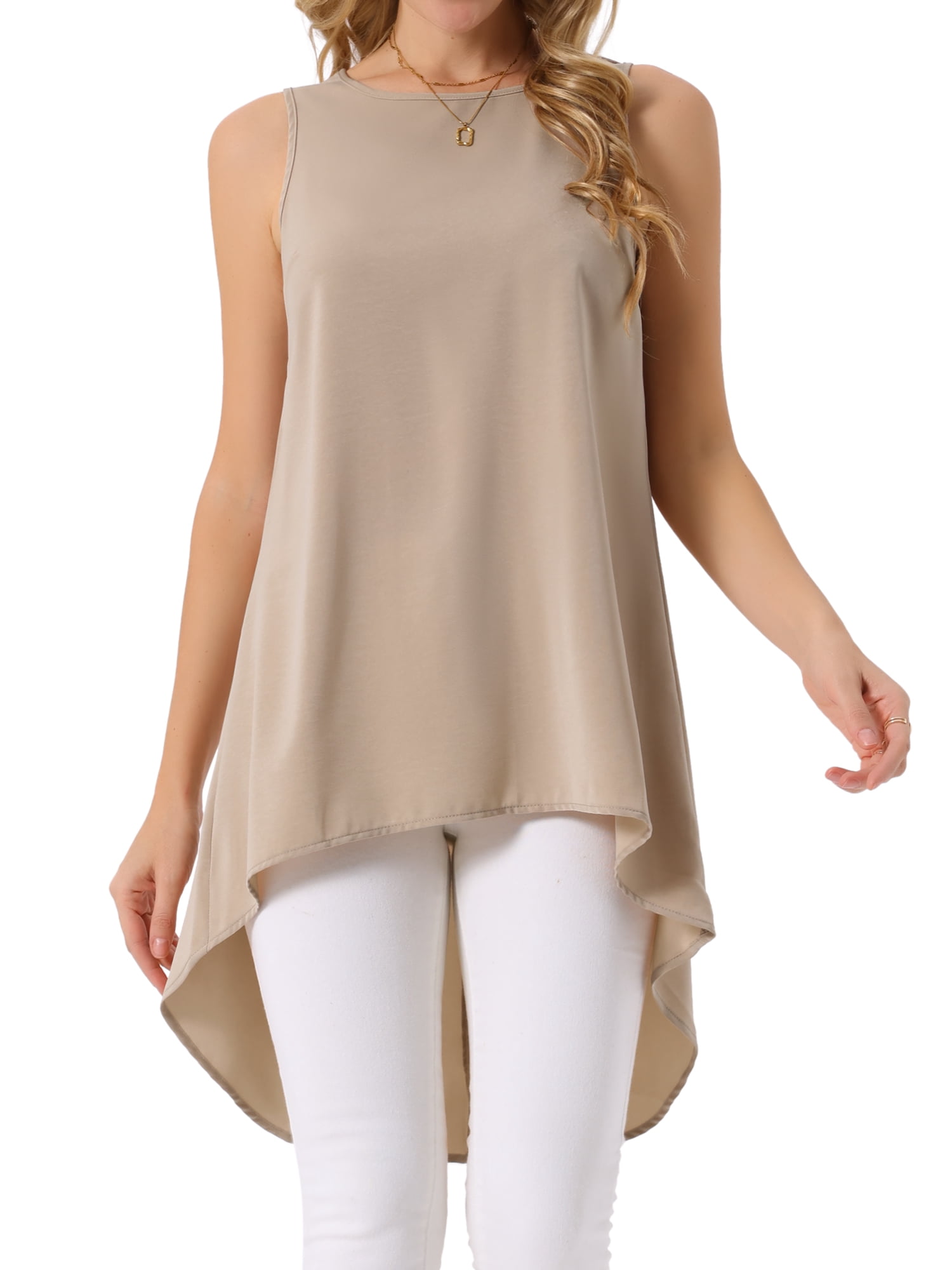 DARING DIVA Women's High Low Sleeveless Crewneck Asymmetrical Blouse M Khaki