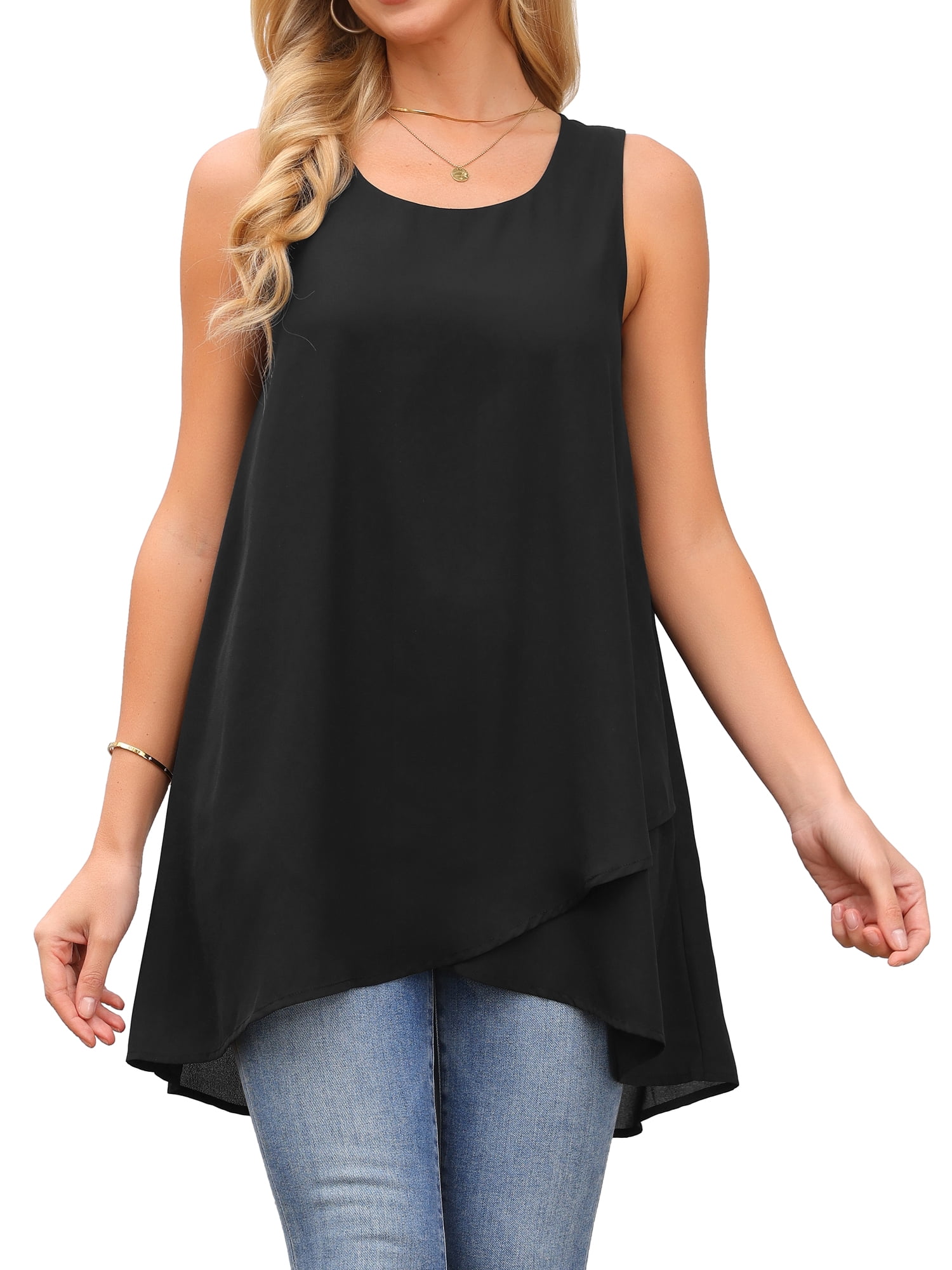 DARING DIVA Women's High Low Casual Sleeveless Chiffon Blouse Asymmetrical L Black
