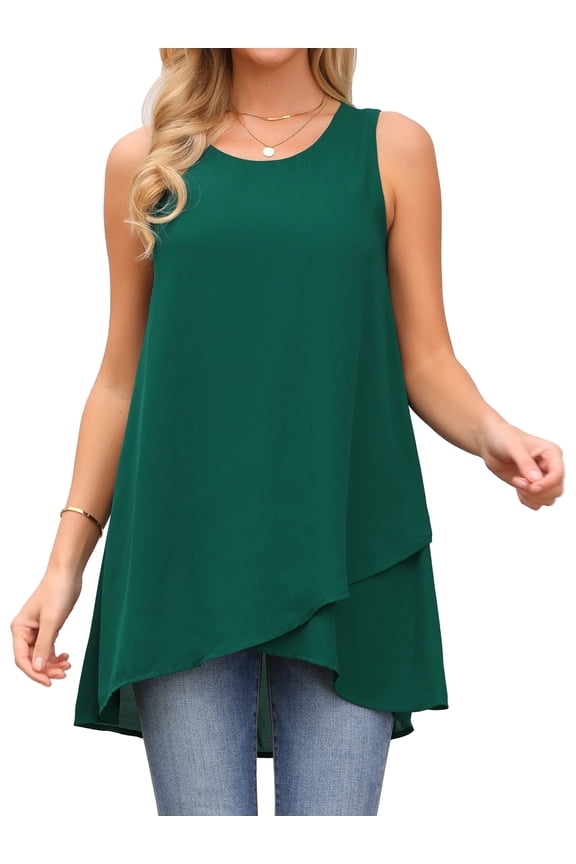 Women's High Low Casual Sleeveless Chiffon Blouse Asymmetrical L Dark Green
