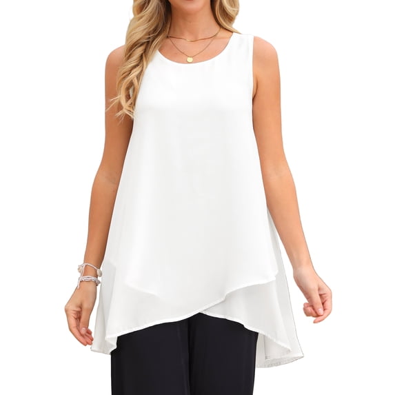 DARING DIVA Women's High Low Casual Sleeveless Chiffon Blouse Asymmetrical L White