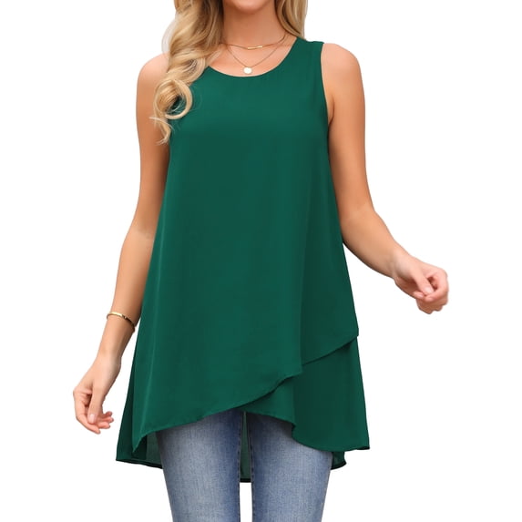 DARING DIVA Women's High Low Casual Sleeveless Chiffon Blouse Asymmetrical S Dark Green