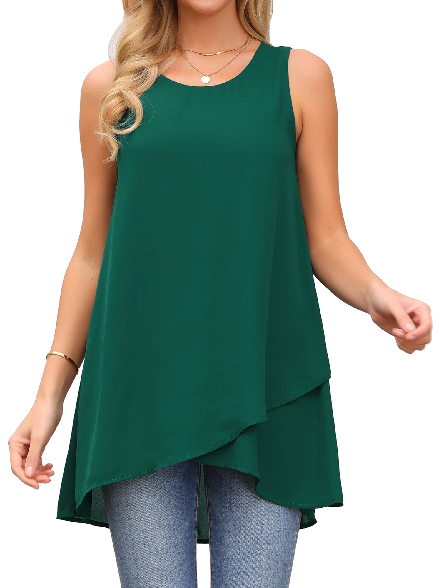 DARING DIVA Women's High Low Casual Sleeveless Chiffon Blouse Asymmetrical XL Dark Green