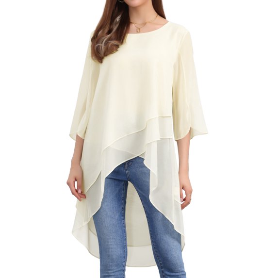 DARING DIVA Women's High Low Chiffon 3/4 Sleeve Top S Apricot