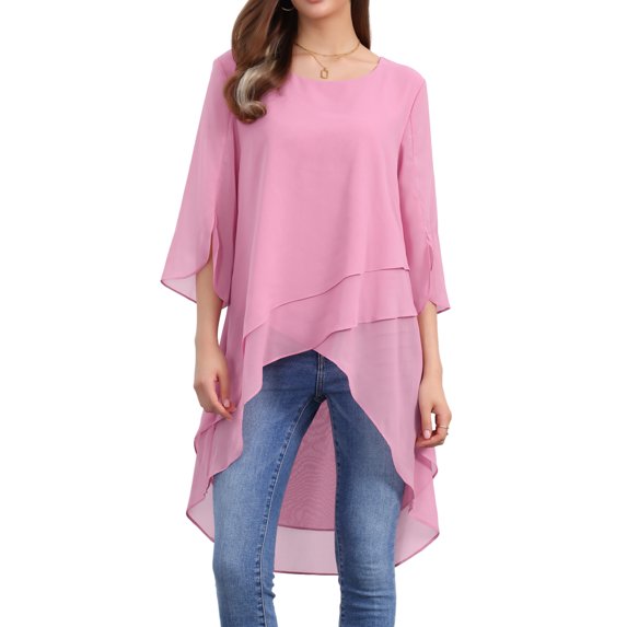 DARING DIVA Women's High Low Chiffon 3/4 Sleeve Top S Dark Pink