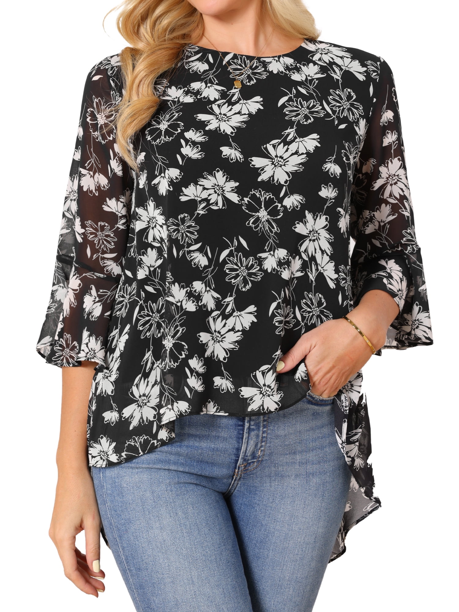 DARING DIVA Women's High Low Floral 3/4 Sleeve Chiffon Blouse Dressy Shirt M Black