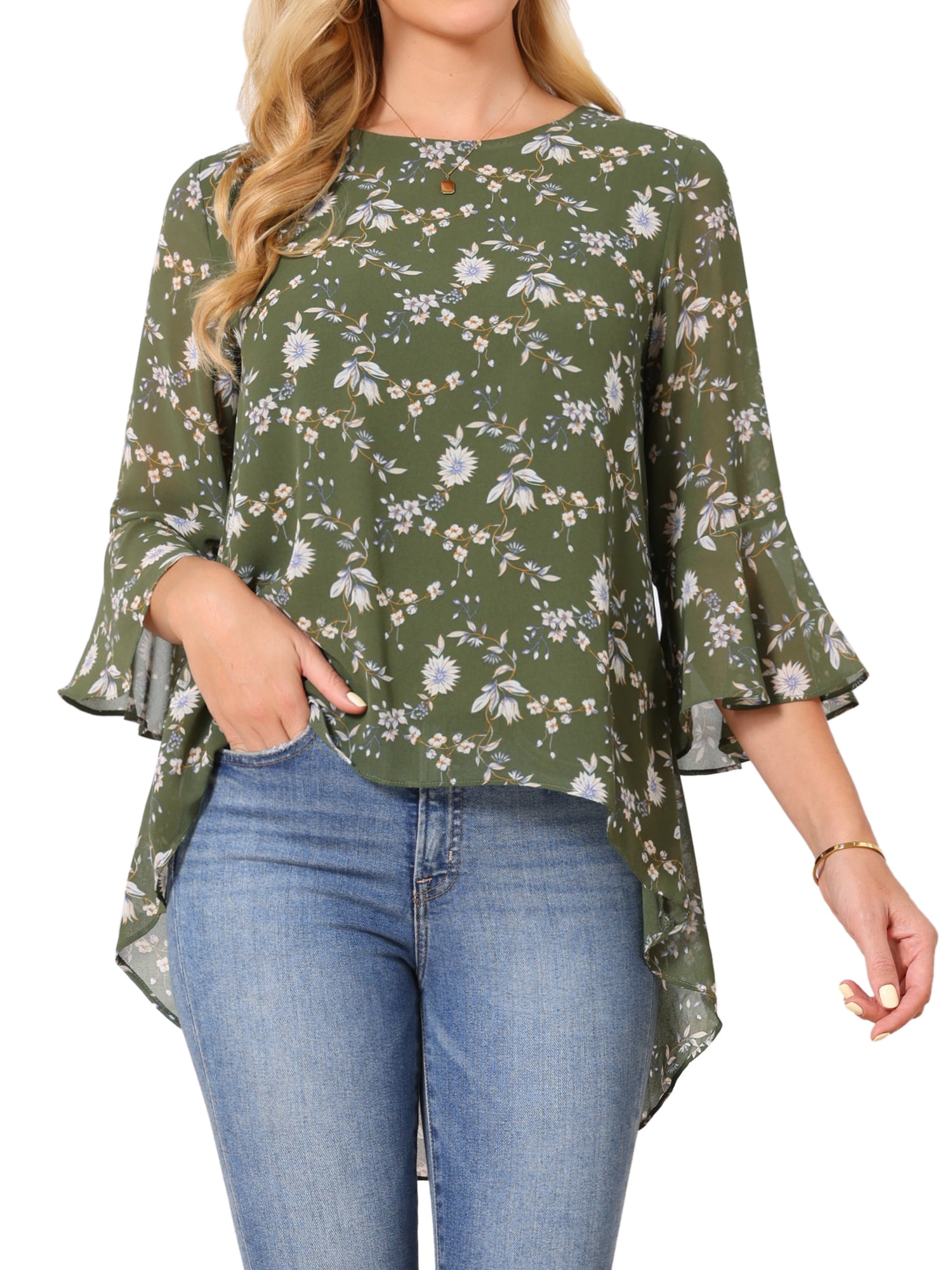 DARING DIVA Women's High Low Floral 3/4 Sleeve Chiffon Blouse Dressy Shirt M Green