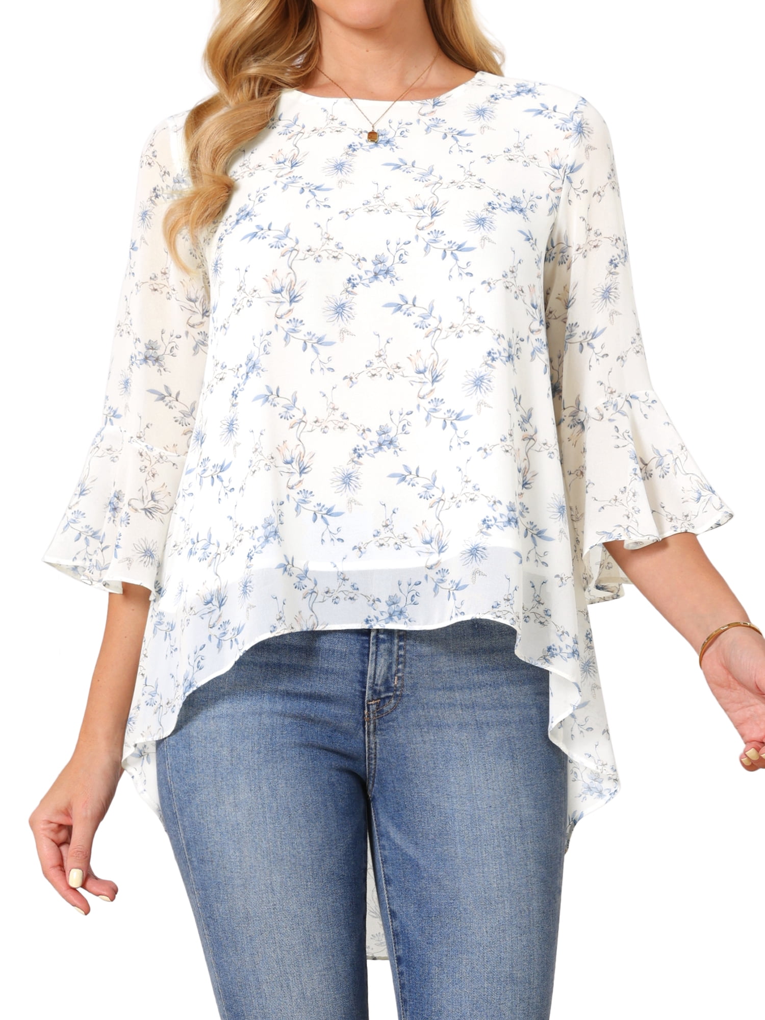 DARING DIVA Women's High Low Floral 3/4 Sleeve Chiffon Blouse Dressy Shirt S White