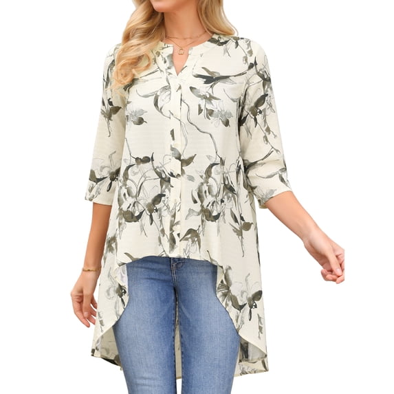 DARING DIVA Women's High Low Floral 3/4 Sleeve V Neck Asymmetrical Blouse M Apricot
