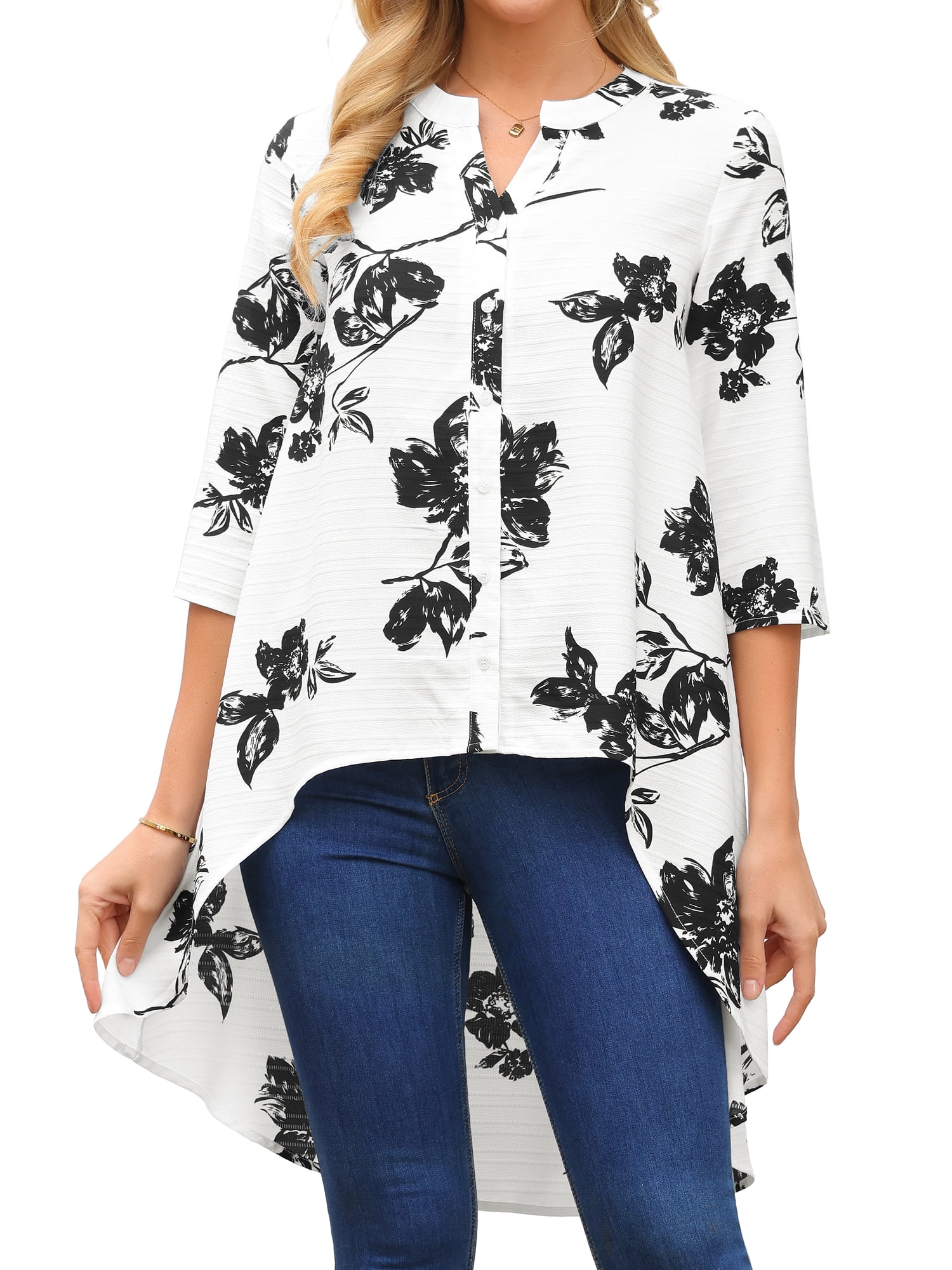 DARING DIVA Women's High Low Floral 3/4 Sleeve V Neck Asymmetrical Blouse S White