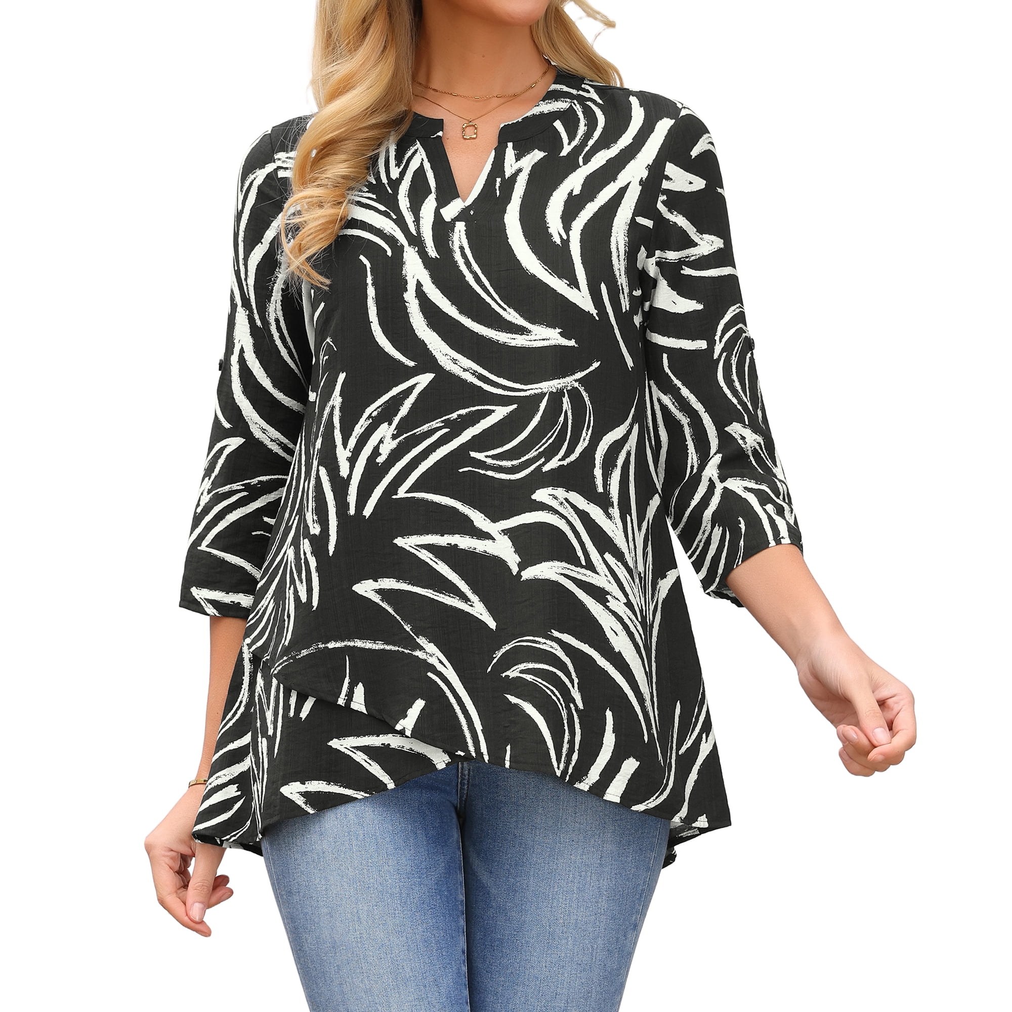 DARING DIVA Women's High Low Floral Print V Neck Roll Up 3/4 Sleeve Tunic Blouse S Black